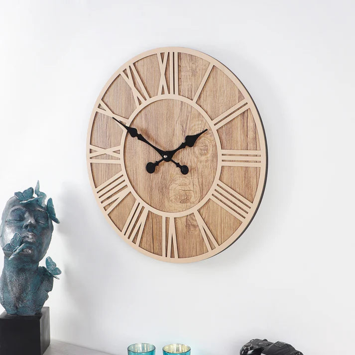 Round Engineered Wood Roman Numeral Wall Clock With Leather coating || Wall Clock Gift Or Decor
