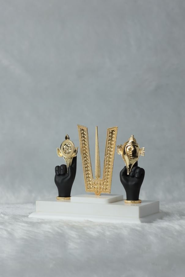 Divine Gold Plated Tirupati Balaji Hand with Tilak, Chakra, and Shankh Set