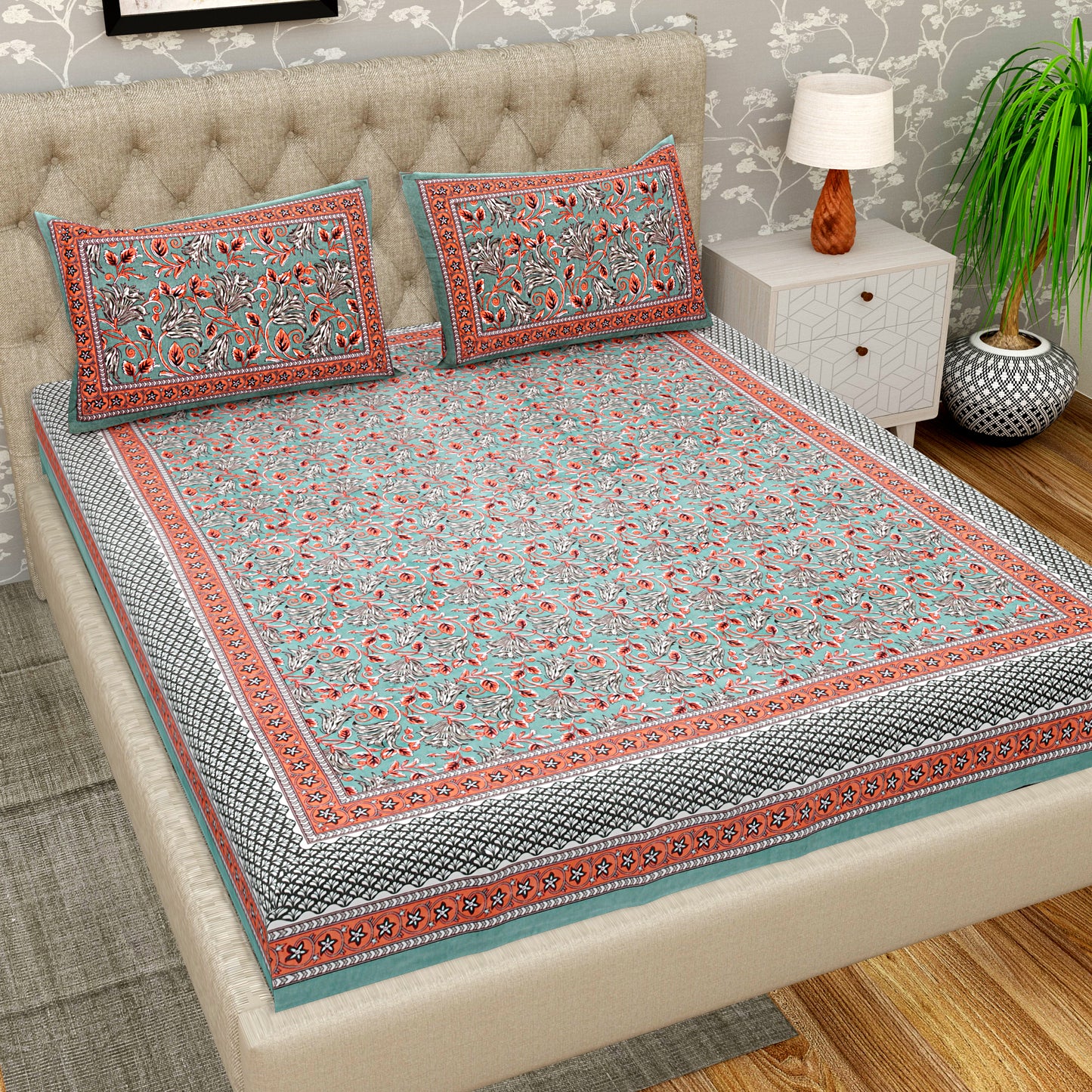 Pure Organic Cotton Bedsheet Hand Block Printed King Size with Pillow Covers 240 TC