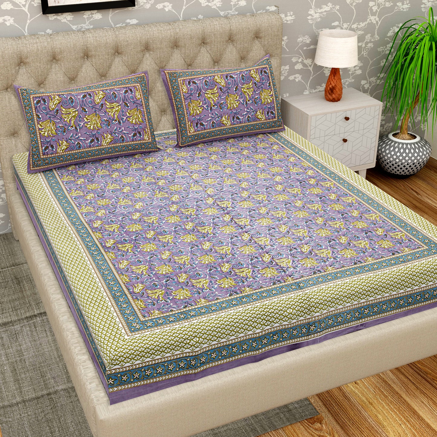 Pure Organic Cotton Bedsheet Hand Block Printed King Size with Pillow Covers 240 TC