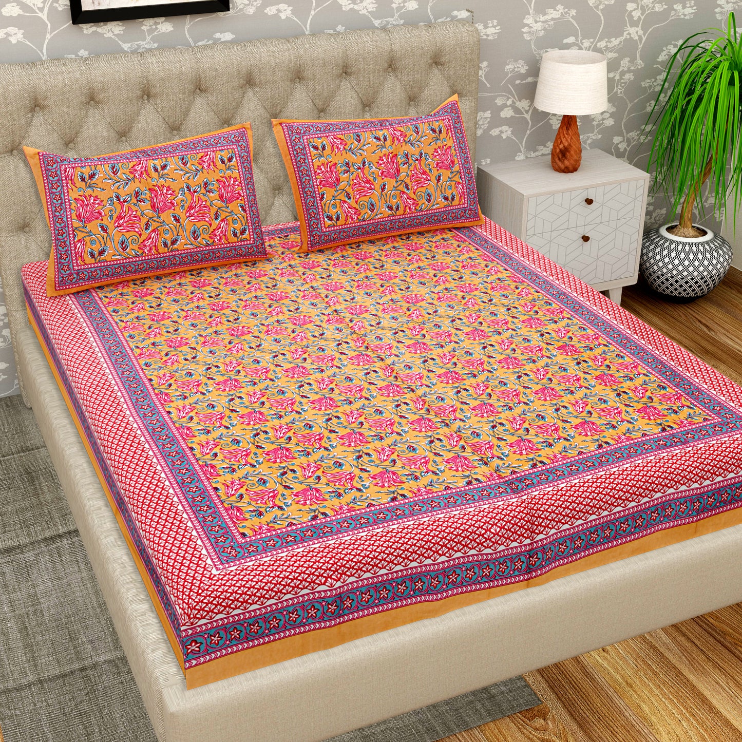 Pure Organic Cotton Bedsheet Hand Block Printed King Size with Pillow Covers 240 TC