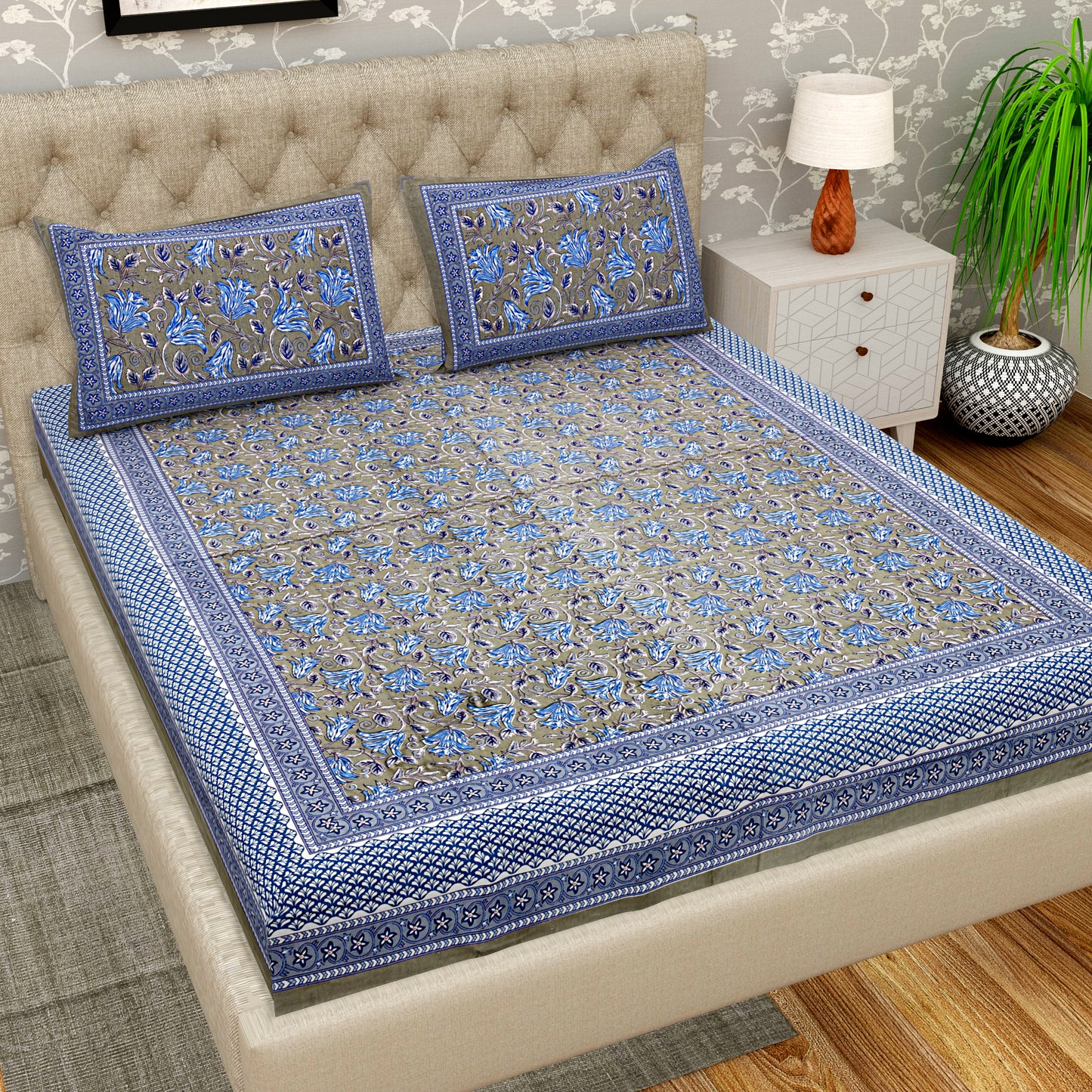 Pure Organic Cotton Bedsheet Hand Block Printed King Size with Pillow Covers 240 TC