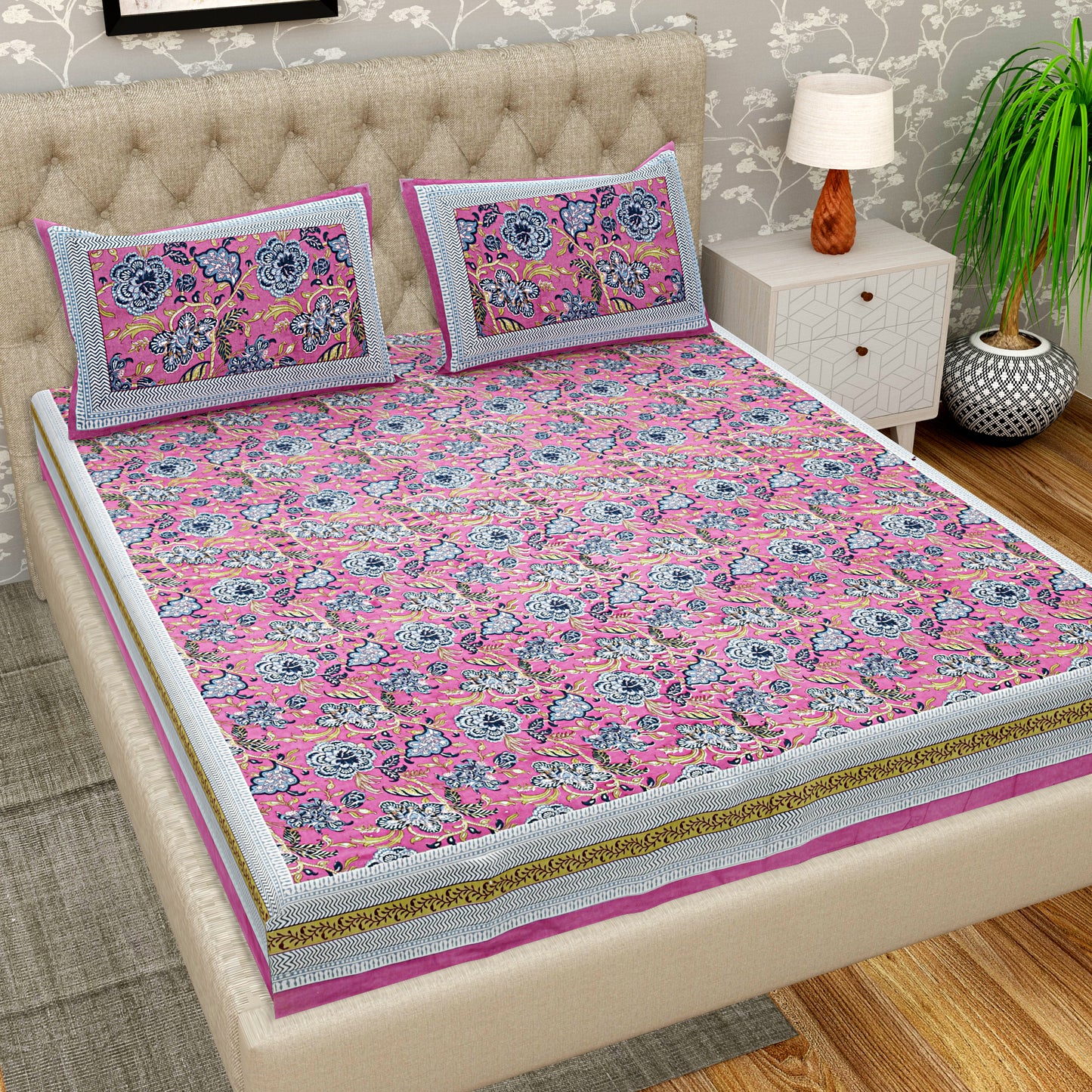 Pure Organic Cotton Bedsheet Hand Block Printed King Size with Pillow Covers 240 TC