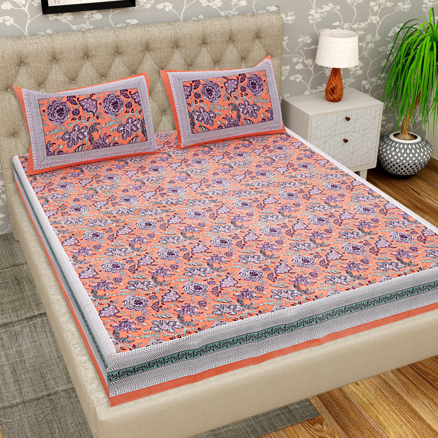 Pure Organic Cotton Bedsheet Hand Block Printed King Size with Pillow Covers 240 TC