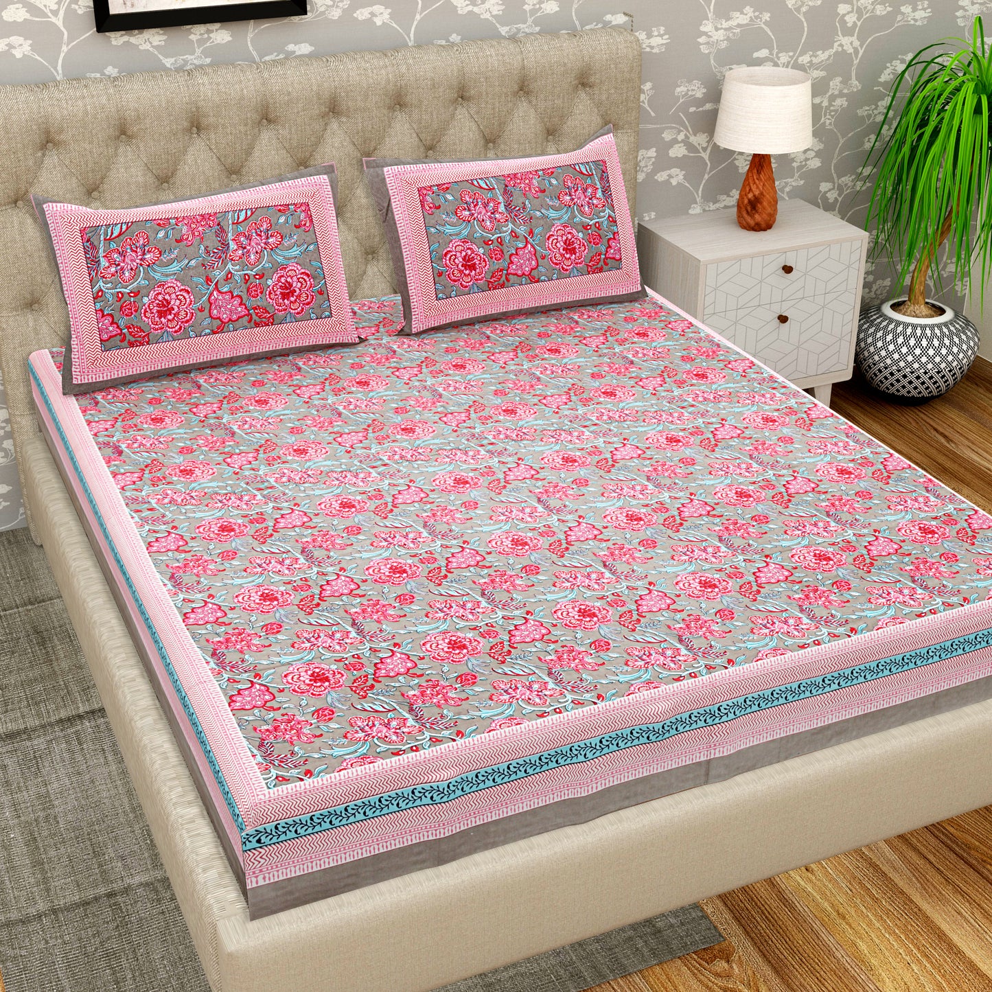 Pure Organic Cotton Bedsheet Hand Block Printed King Size with Pillow Covers 240 TC