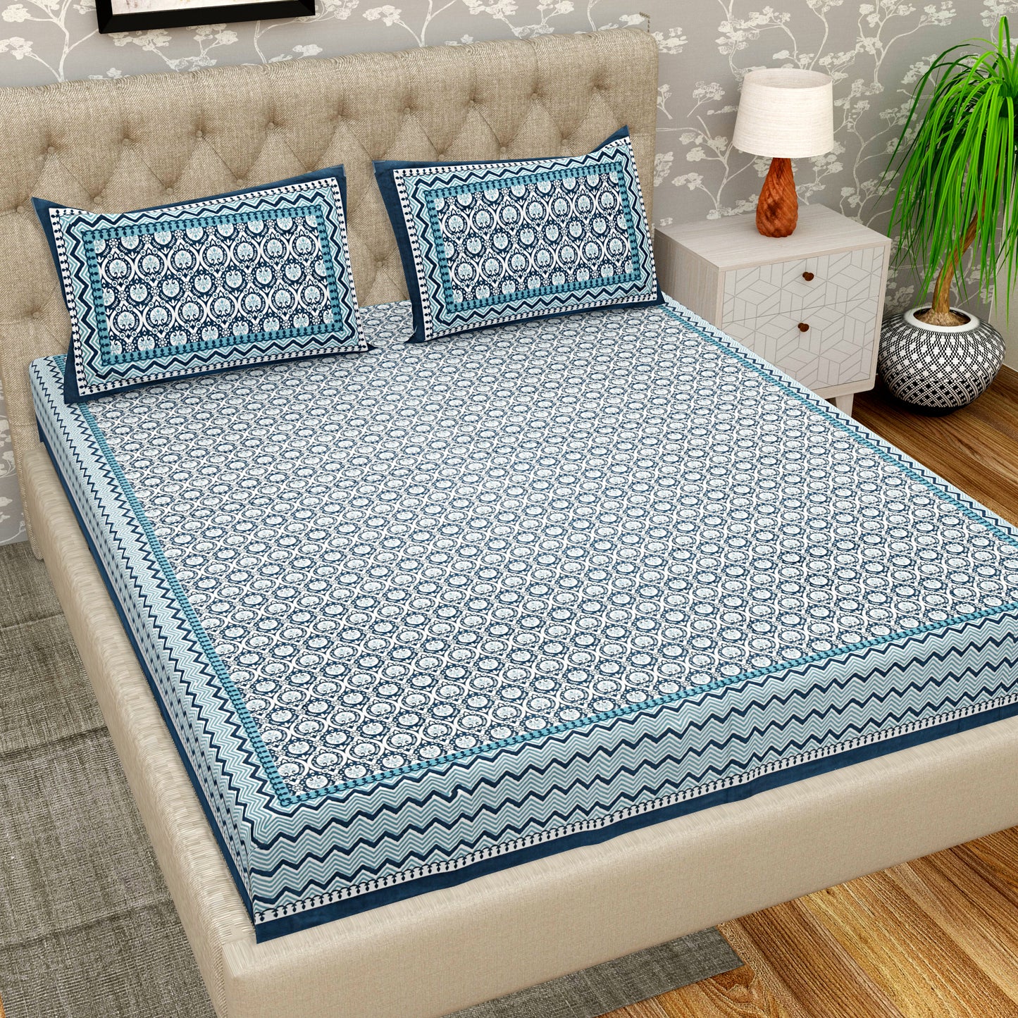 Pure Organic Cotton Bedsheet Hand Block Printed King Size with Pillow Covers 240 TC