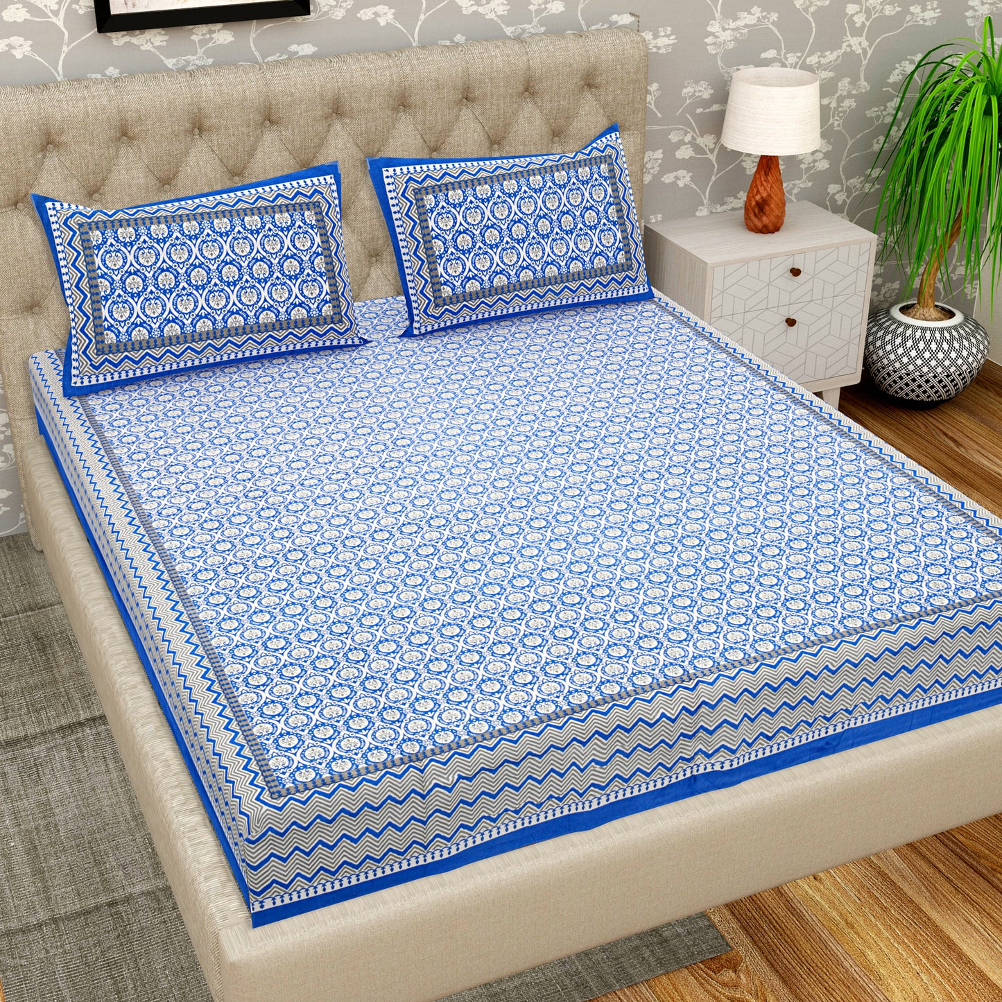 Pure Organic Cotton Bedsheet Hand Block Printed King Size with Pillow Covers 240 TC