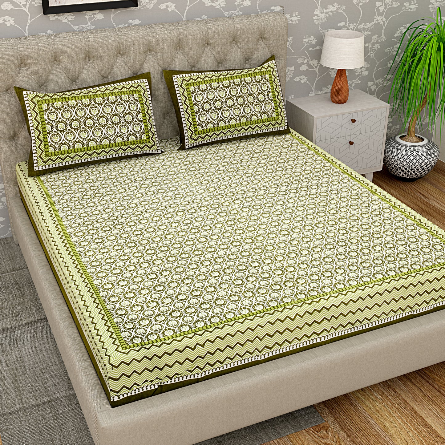 Pure Organic Cotton Bedsheet Hand Block Printed King Size with Pillow Covers 240 TC