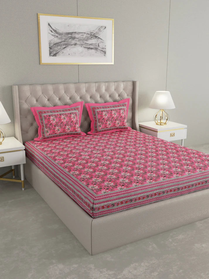 100% Cotton Hand Block Printed King Size Double Bedsheet with 2 Pillow Covers, 240 TC Gift Or Decor