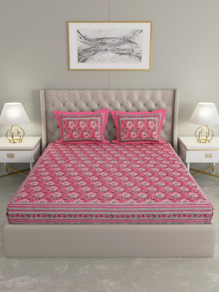 100% Cotton Hand Block Printed King Size Double Bedsheet with 2 Pillow Covers, 240 TC Gift Or Decor
