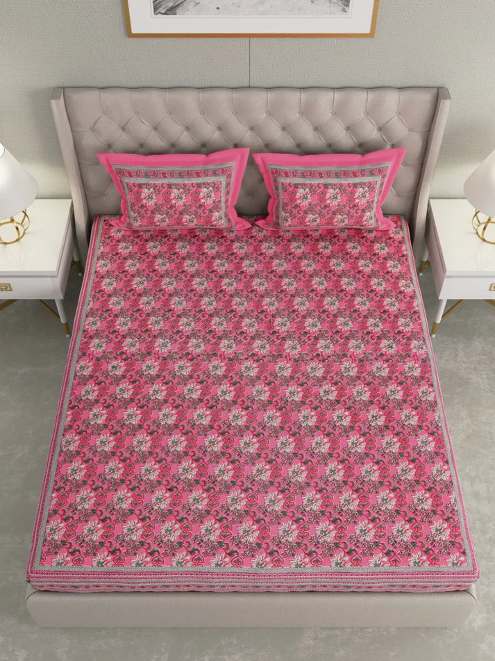 100% Cotton Hand Block Printed King Size Double Bedsheet with 2 Pillow Covers, 240 TC Gift Or Decor