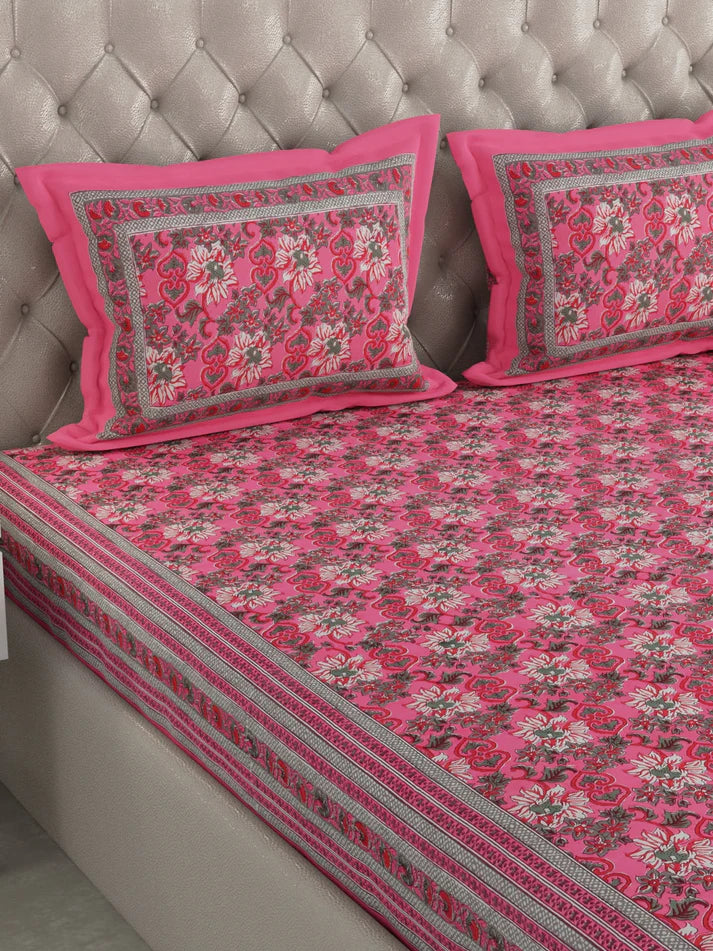 100% Cotton Hand Block Printed King Size Double Bedsheet with 2 Pillow Covers, 240 TC Gift Or Decor