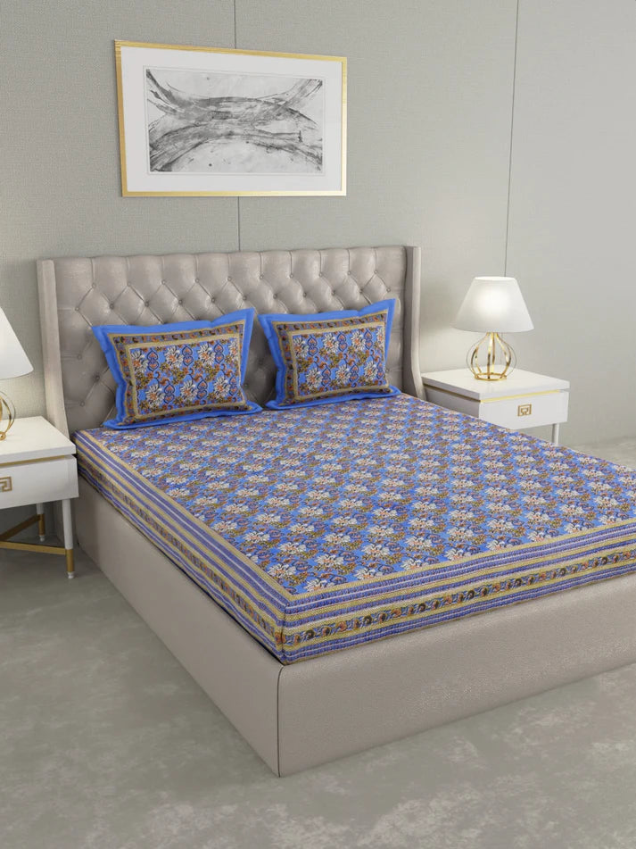 100% Cotton Hand Block Printed King Size Double Bedsheet with 2 Pillow Covers, 240 TC Gift Or Decor