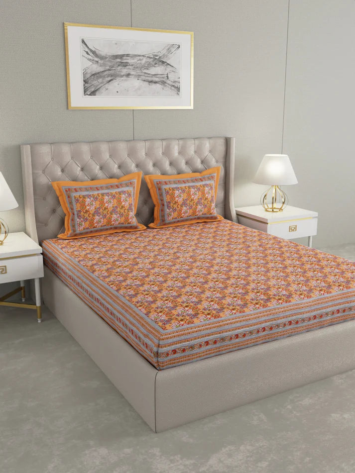 100% Cotton Hand Block Printed King Size Double Bedsheet with 2 Pillow Covers, 240 TC Gift Or Decor