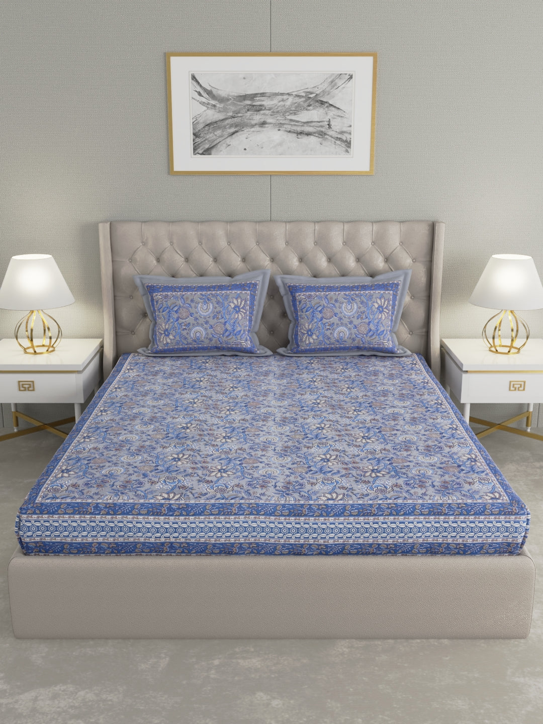 Pure Organic Cotton Bedsheet Hand Block Printed King Size with Pillow Covers 240 TC