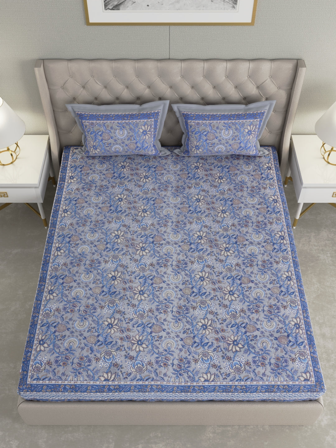 Pure Organic Cotton Bedsheet Hand Block Printed King Size with Pillow Covers 240 TC