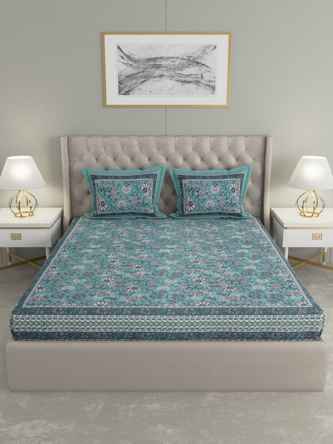 Pure Organic Cotton Bedsheet Hand Block Printed King Size with Pillow Covers 240 TC