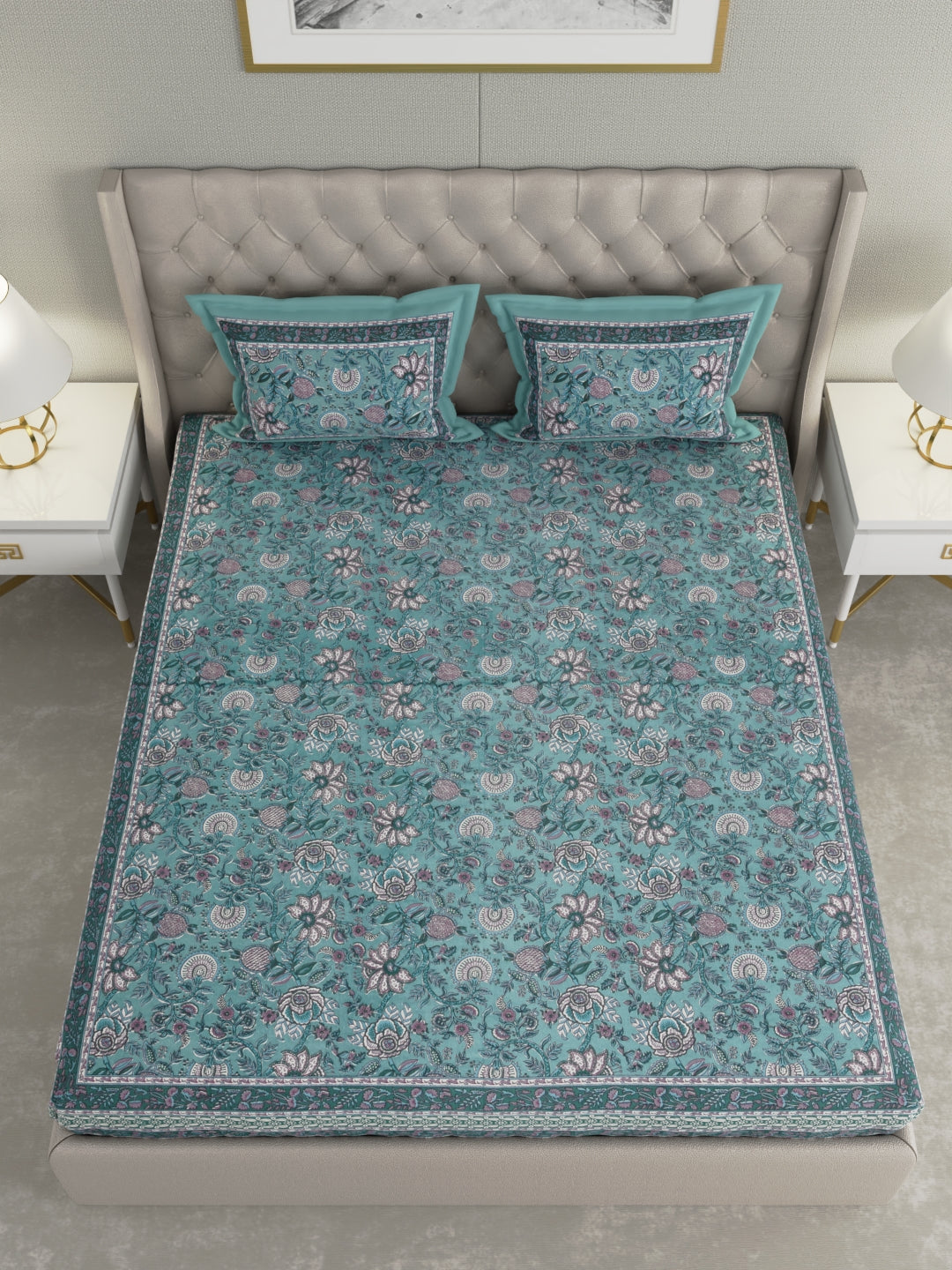 Pure Organic Cotton Bedsheet Hand Block Printed King Size with Pillow Covers 240 TC
