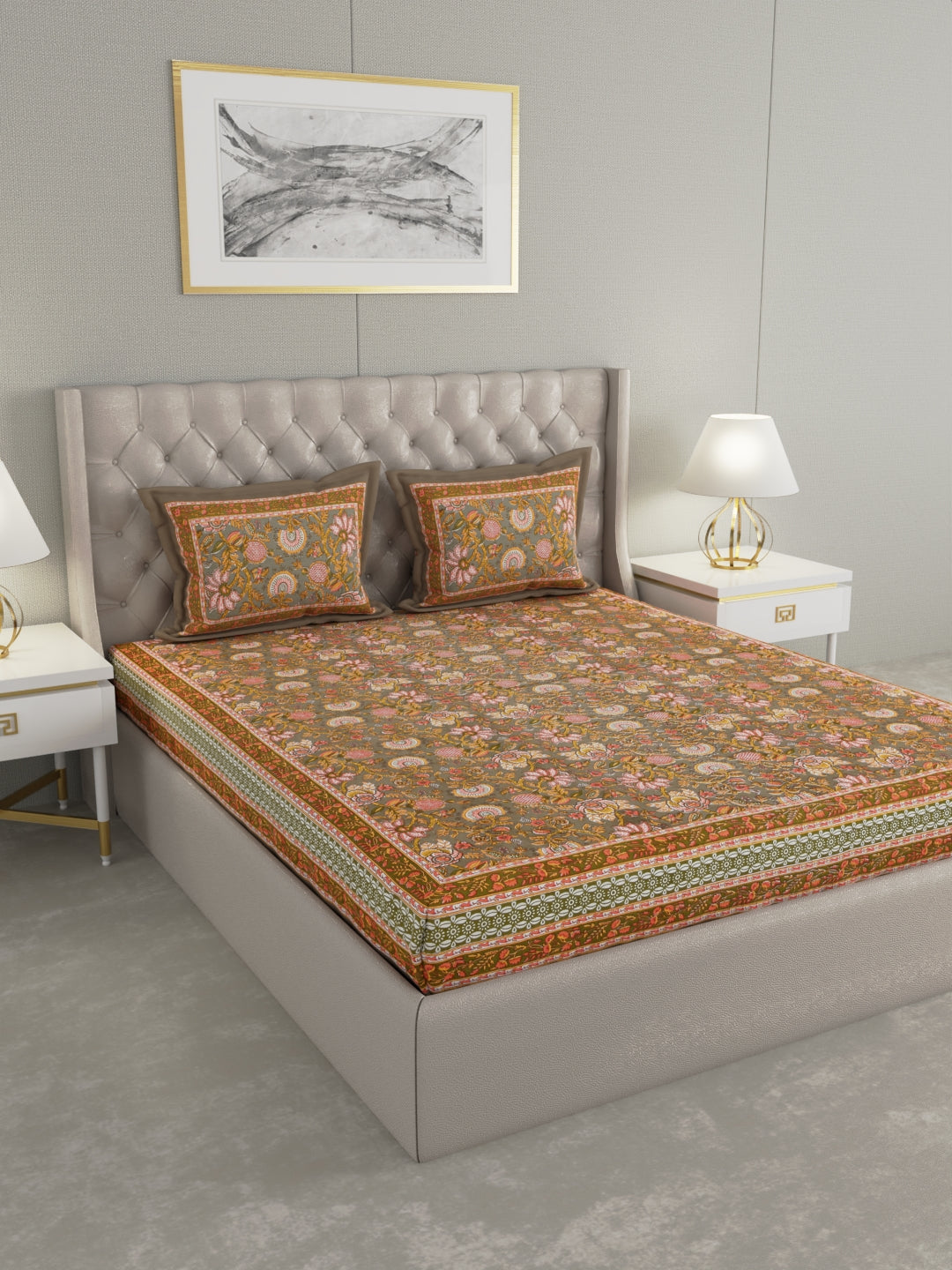 Pure Organic Cotton Bedsheet Hand Block Printed King Size with Pillow Covers 240 TC
