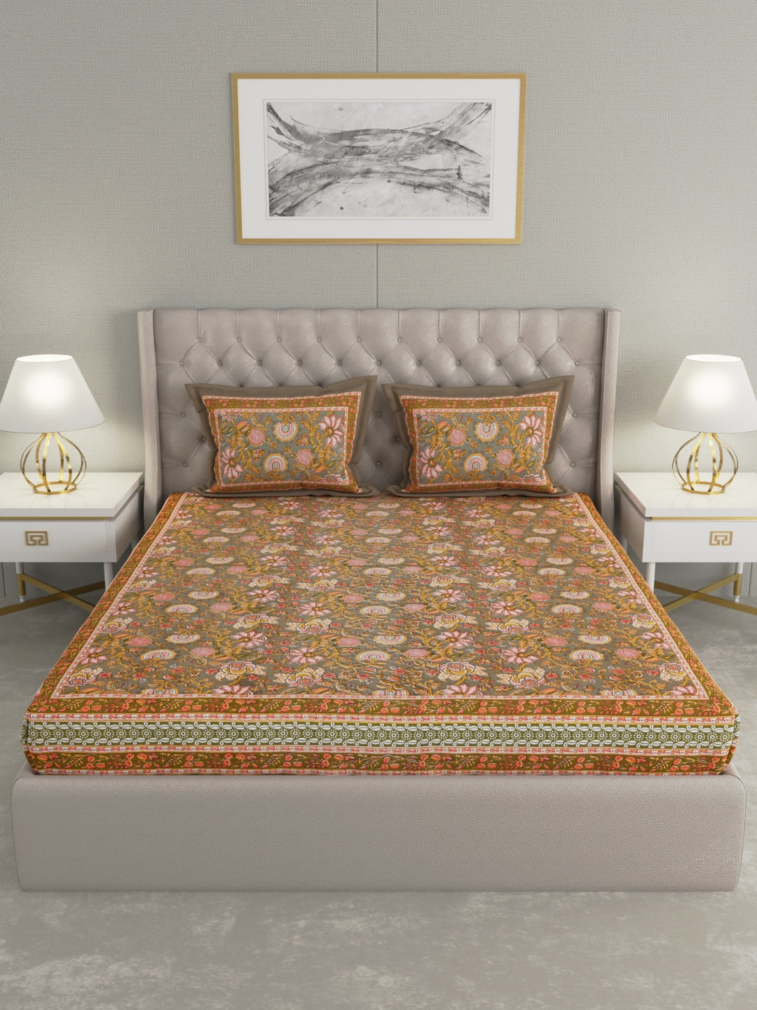 Pure Organic Cotton Bedsheet Hand Block Printed King Size with Pillow Covers 240 TC