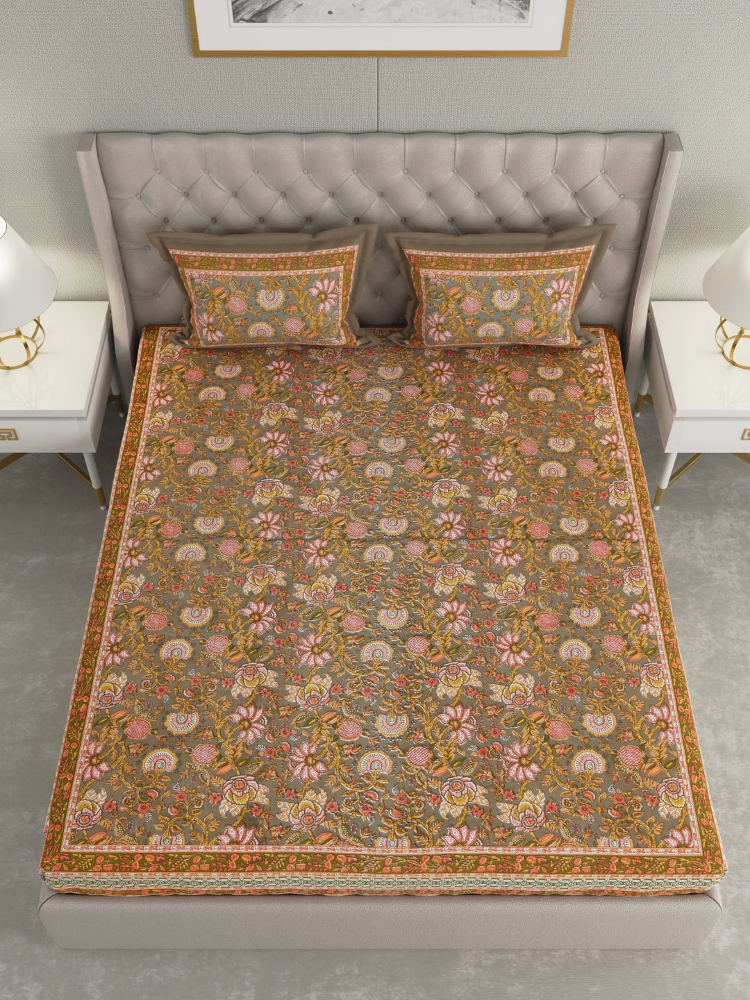 Pure Organic Cotton Bedsheet Hand Block Printed King Size with Pillow Covers 240 TC