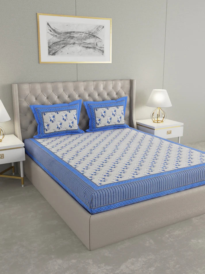 100% Cotton Hand Block Printed King Size Double Bedsheet with 2 Pillow Covers, 240 TC Gift Or Decor