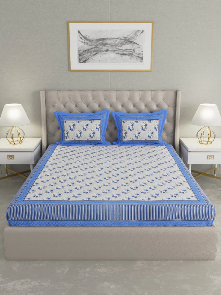 100% Cotton Hand Block Printed King Size Double Bedsheet with 2 Pillow Covers, 240 TC Gift Or Decor