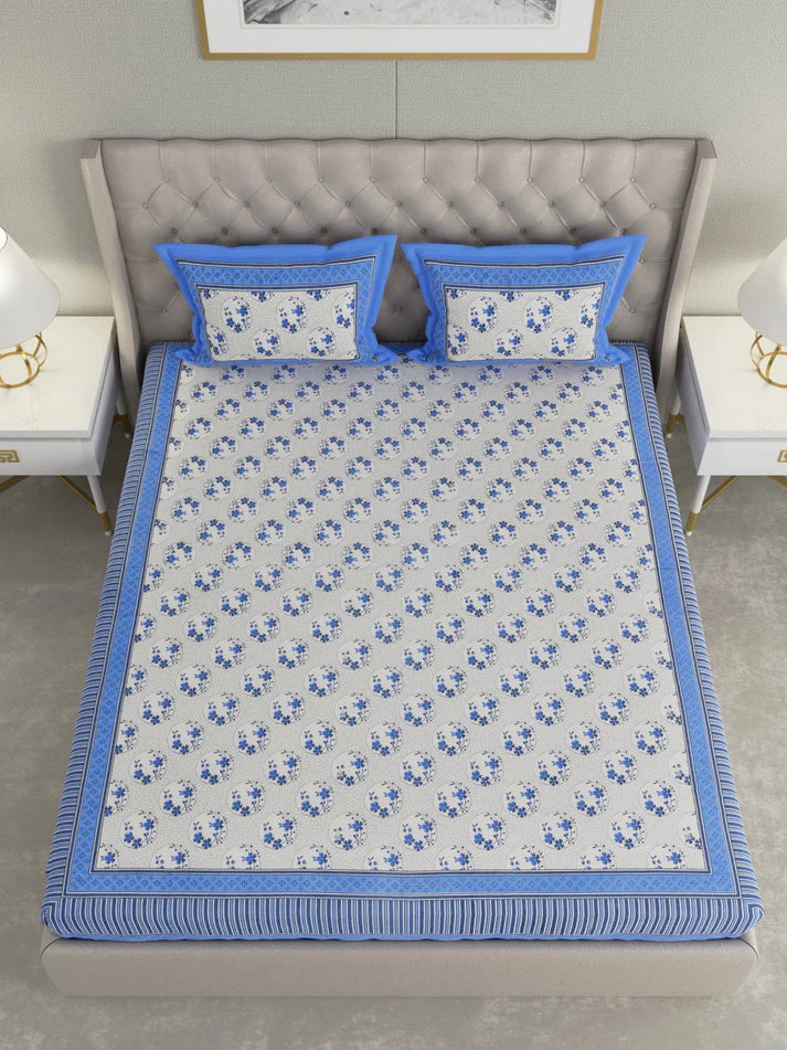 100% Cotton Hand Block Printed King Size Double Bedsheet with 2 Pillow Covers, 240 TC Gift Or Decor