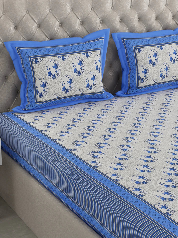 100% Cotton Hand Block Printed King Size Double Bedsheet with 2 Pillow Covers, 240 TC Gift Or Decor