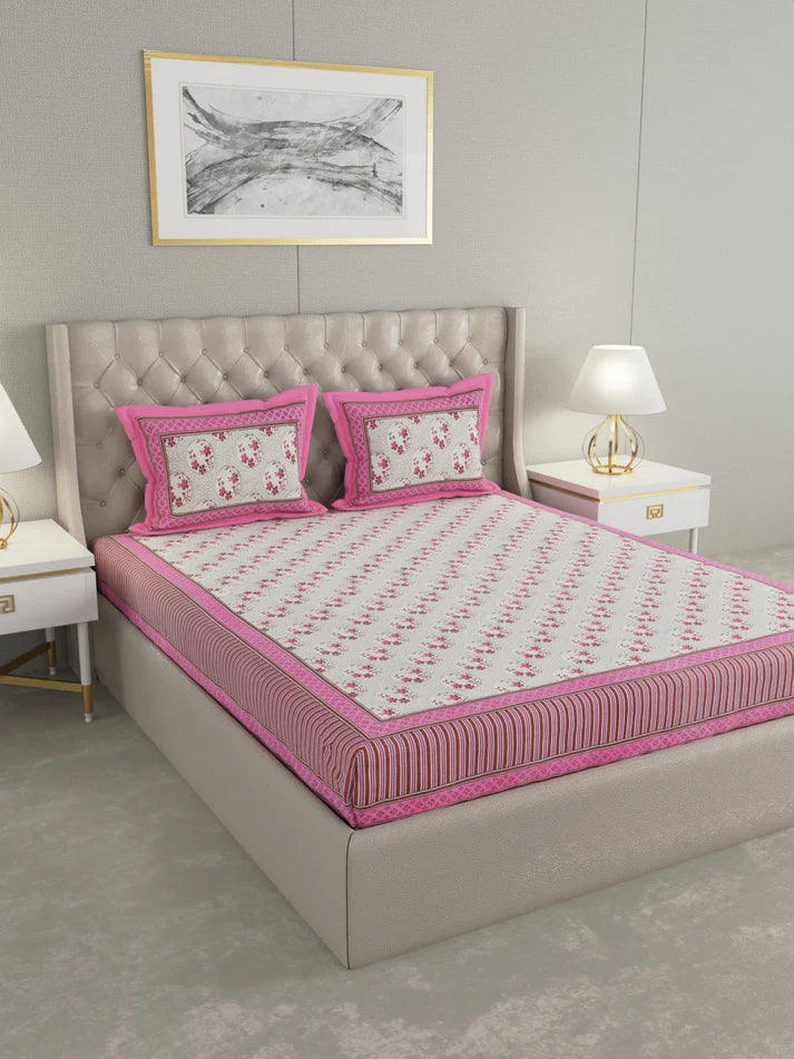 100% Cotton Hand Block Printed King Size Double Bedsheet with 2 Pillow Covers, 240 TC Gift Or Decor