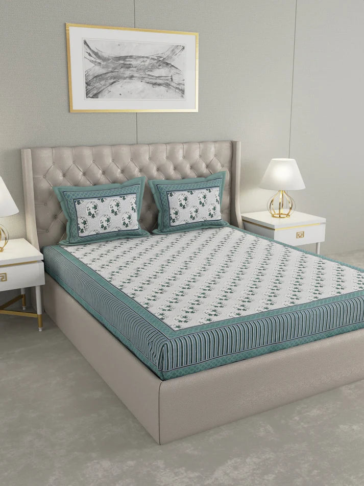 100% Cotton Hand Block Printed King Size Double Bedsheet with 2 Pillow Covers, 240 TC Gift Or Decor