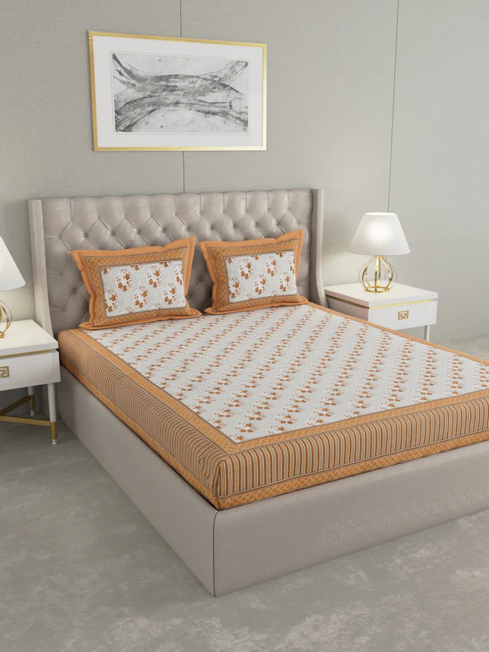 100% Cotton Hand Block Printed King Size Double Bedsheet with 2 Pillow Covers, 240 TC Gift Or Decor