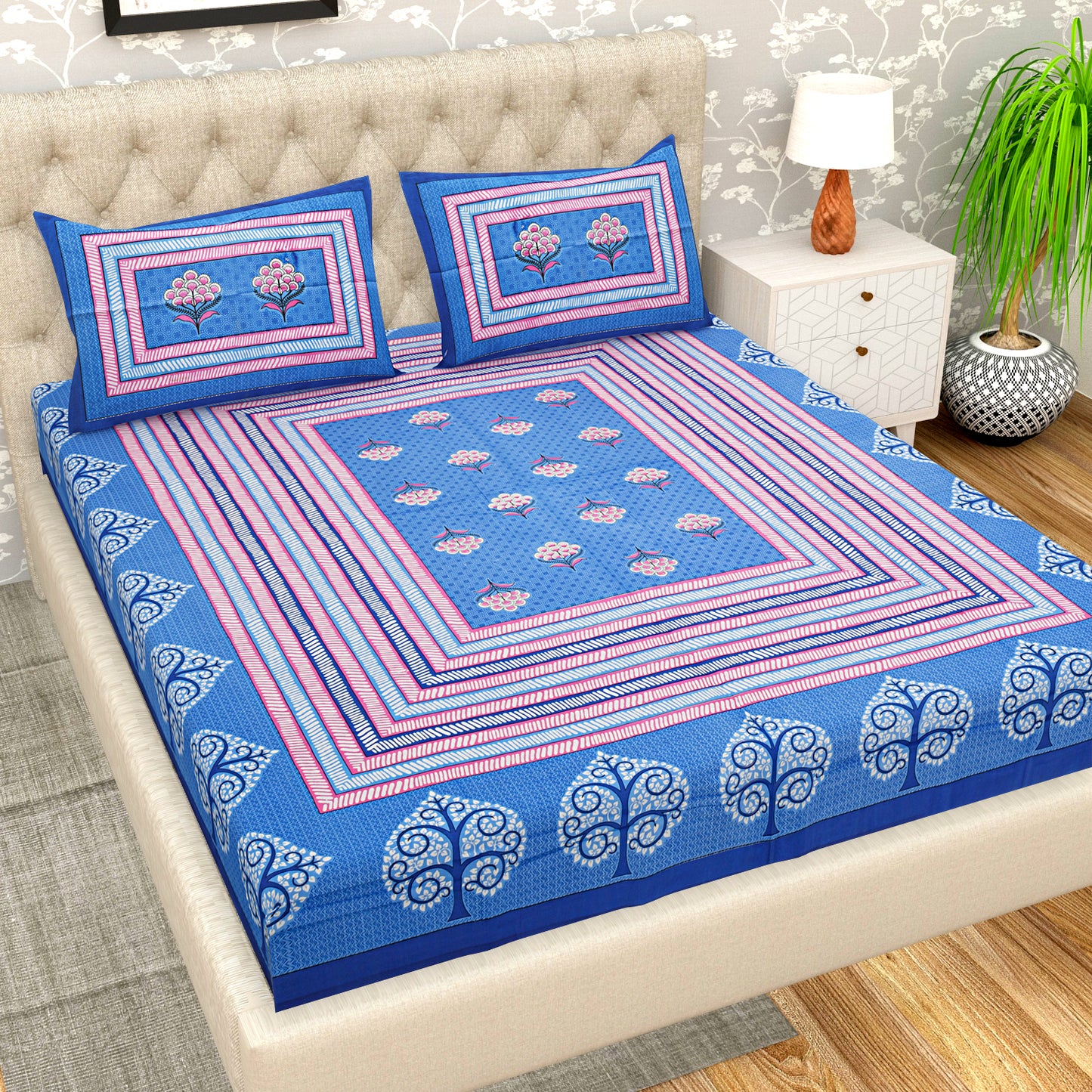 85 X 95 inch Queen Size 100% Cotton Bedsheet for Double Bed with Pillow Cover Gift Or Decor
