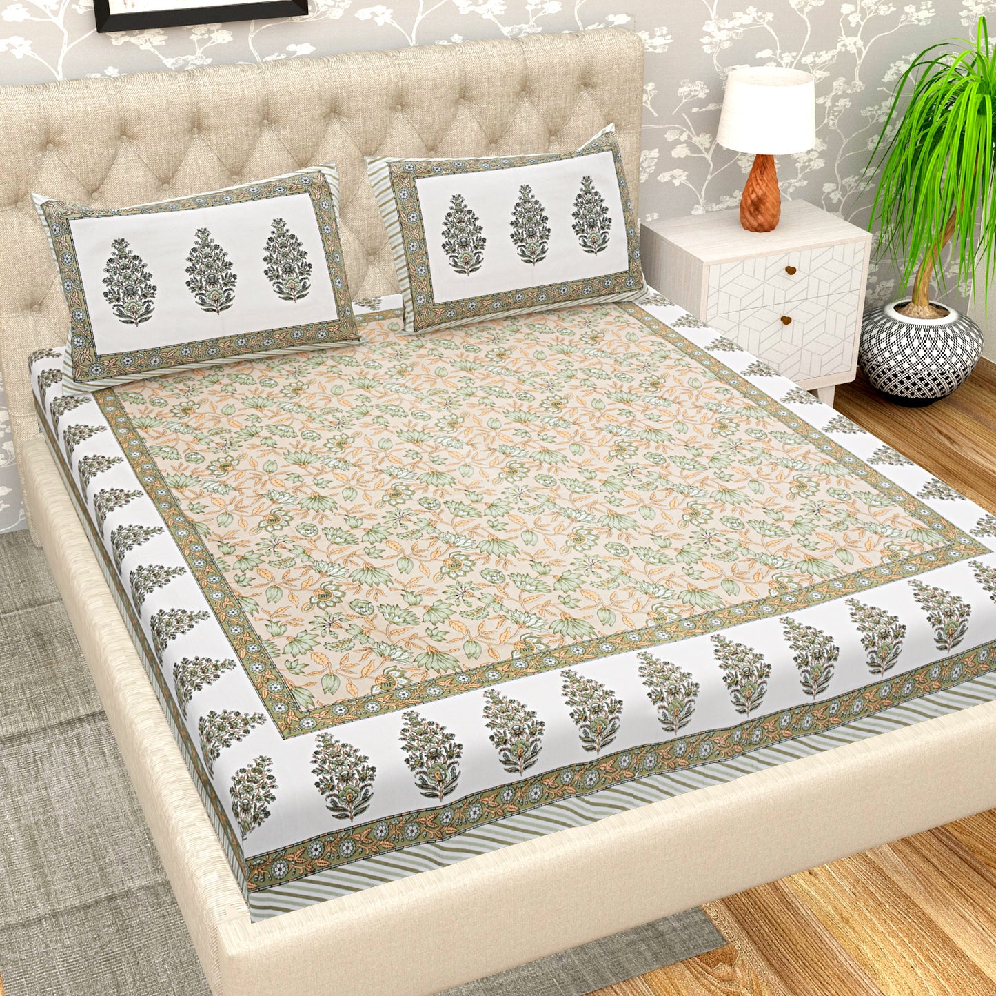 108 X 108 inch Super King Size 100% Cotton Bedsheet for Double Bed with Pillow Cover Gift Or Decor