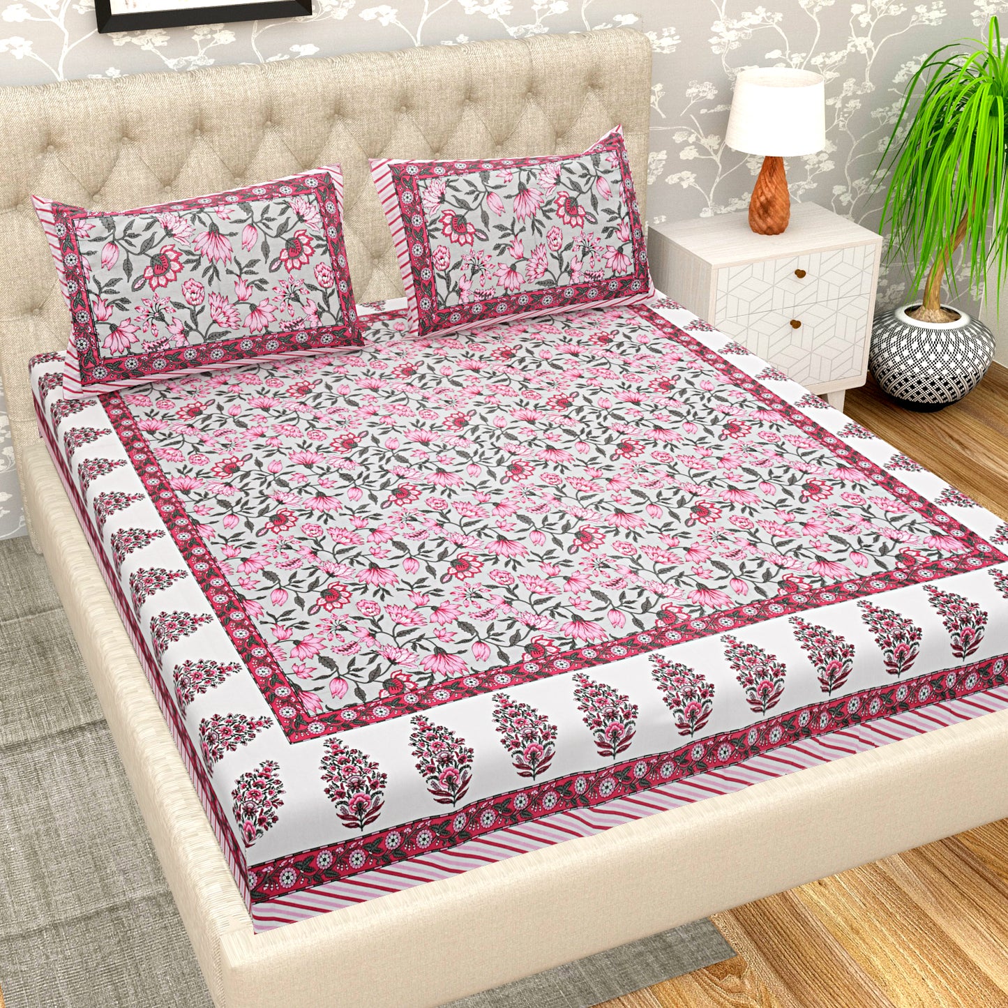 108 X 108 inch Super King Size 100% Cotton Bedsheet for Double Bed with Pillow Cover Gift Or Decor