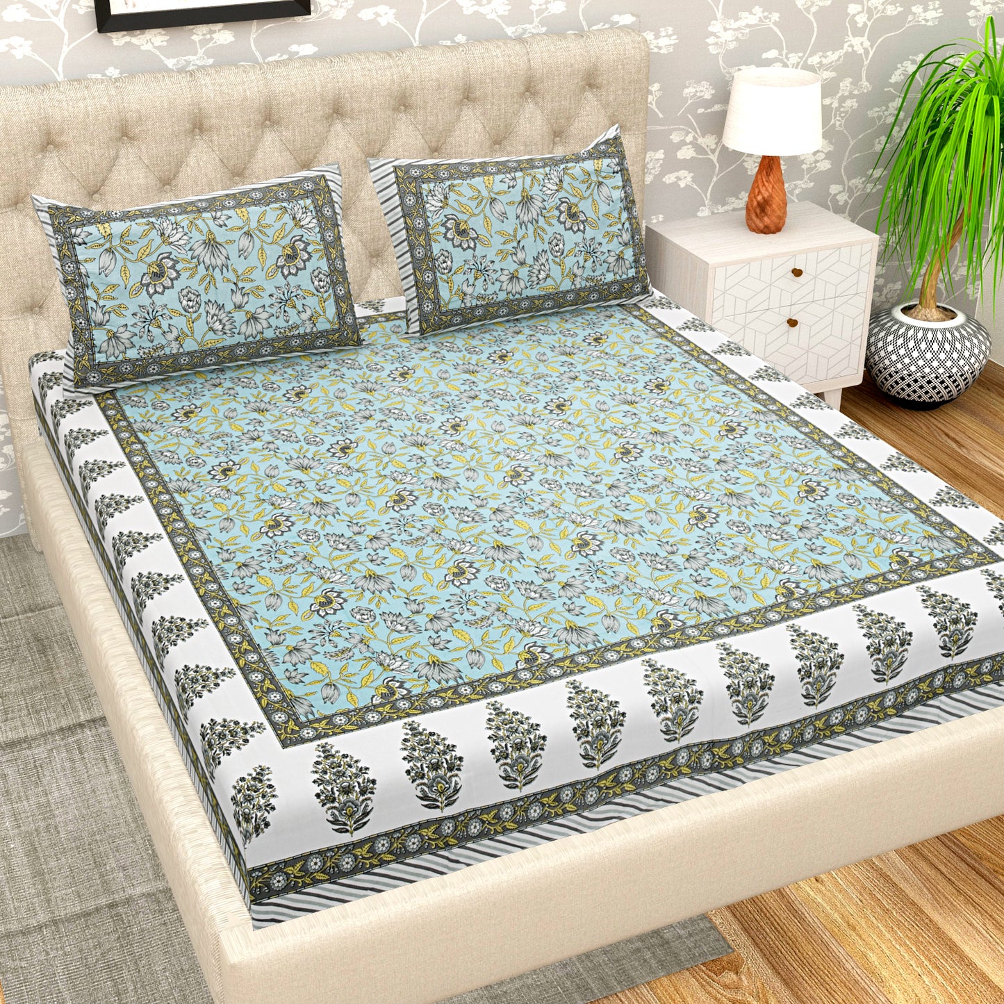 108 X 108 inch Super King Size 100% Cotton Bedsheet for Double Bed with Pillow Cover Gift Or Decor