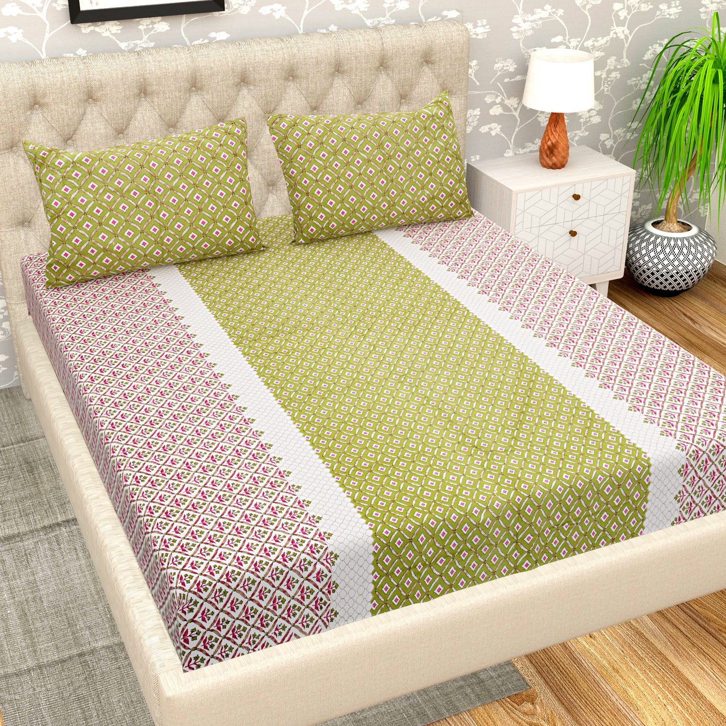 108 X 108 inch Super King Size 100% Cotton Bedsheet for Double Bed with Pillow Cover Gift Or Decor