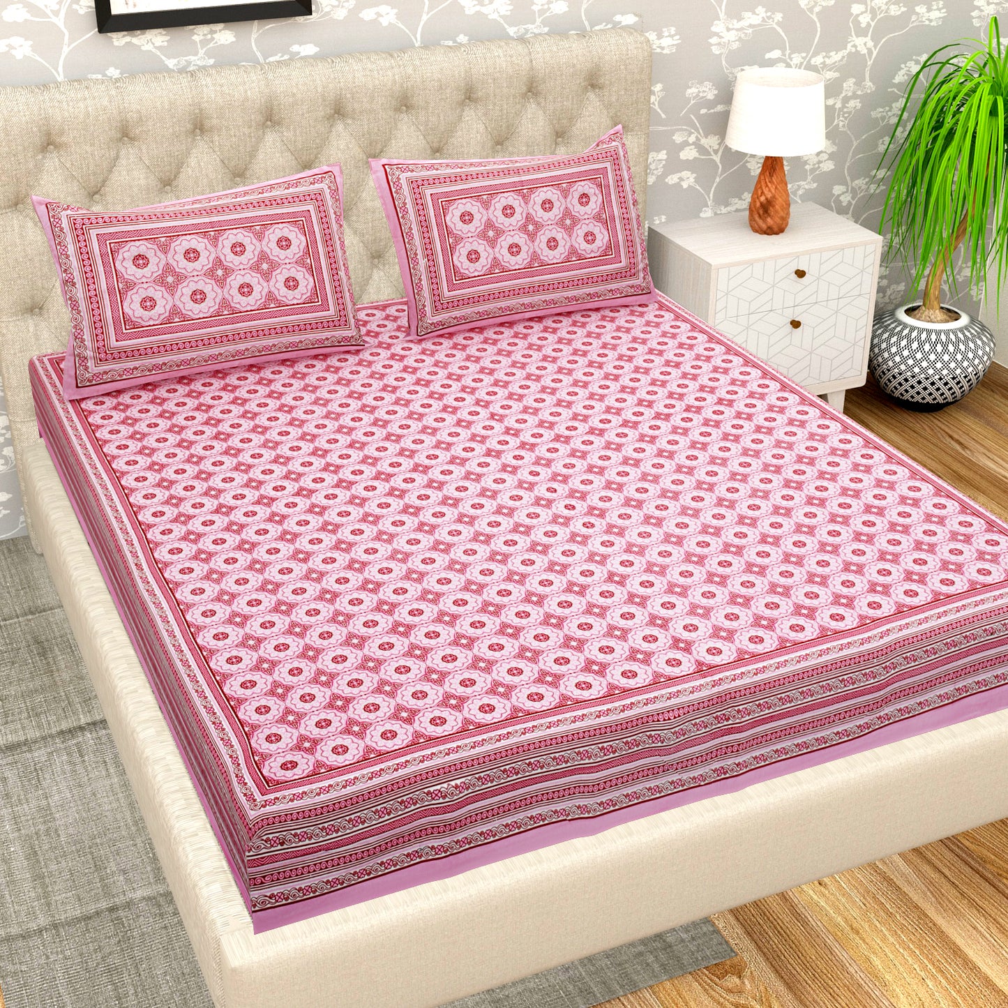 108 X 108 inch Super King Size 100% Cotton Bedsheet for Double Bed with Pillow Cover Gift Or Decor