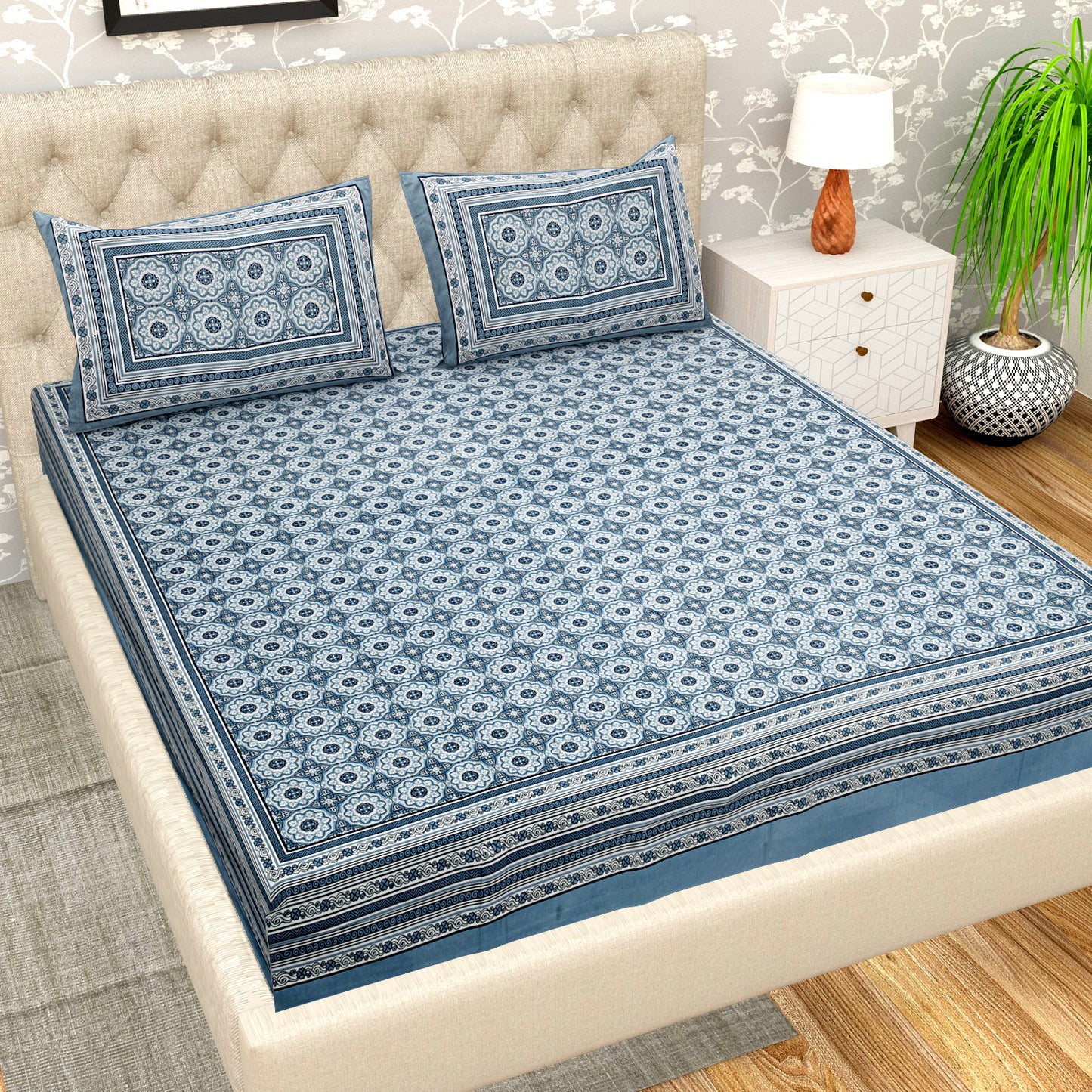 108 X 108 inch Super King Size 100% Cotton Bedsheet for Double Bed with Pillow Cover Gift Or Decor