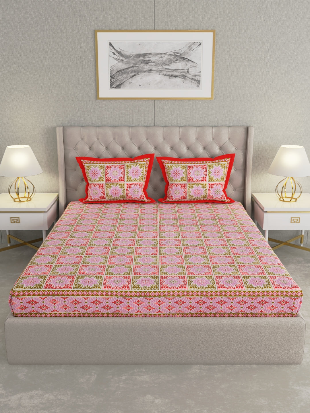 Pure Organic Cotton Bedsheet Hand Block Printed King Size with Pillow Covers 240 TC 90X108 inches