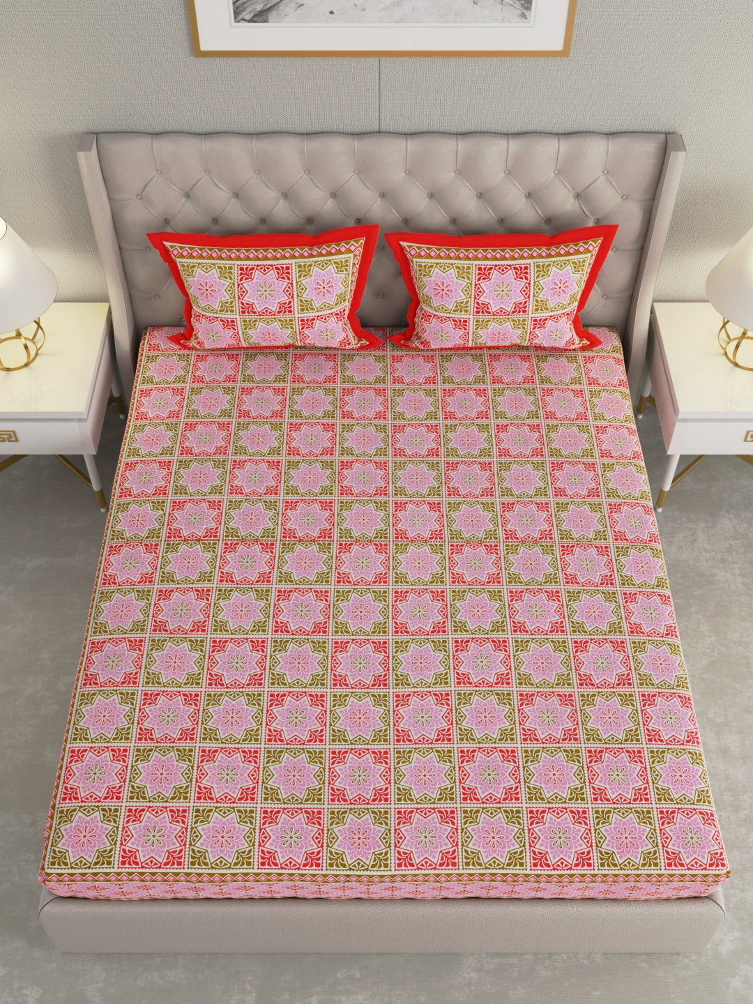 Pure Organic Cotton Bedsheet Hand Block Printed King Size with Pillow Covers 240 TC 90X108 inches