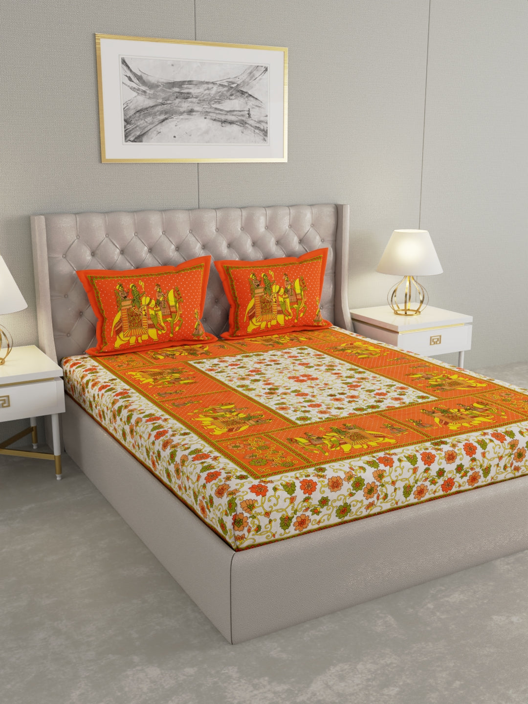 Pure Organic Cotton Bedsheet Hand Block Printed King Size with Pillow Covers 240 TC 90X108 inches