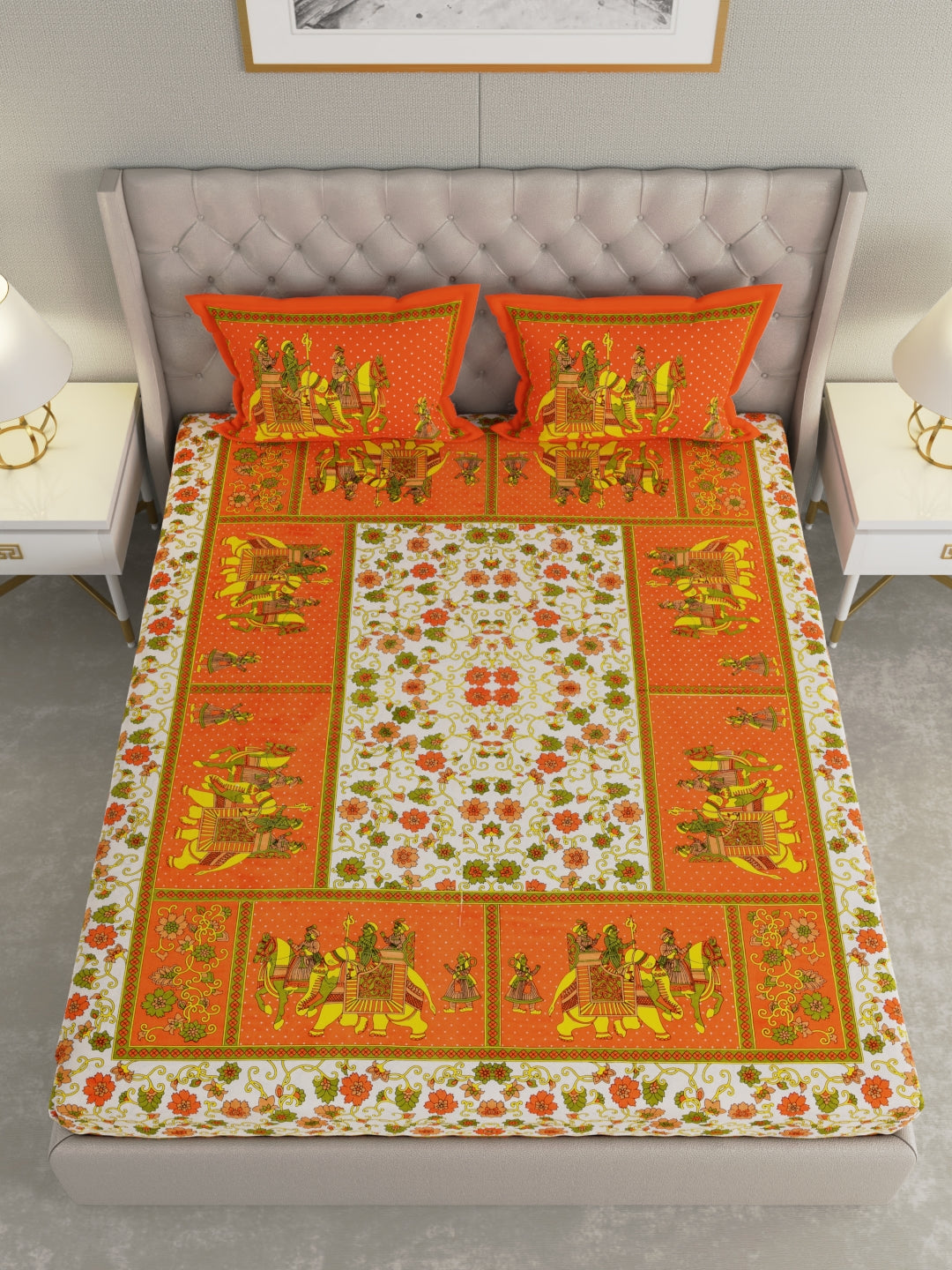 Pure Organic Cotton Bedsheet Hand Block Printed King Size with Pillow Covers 240 TC 90X108 inches