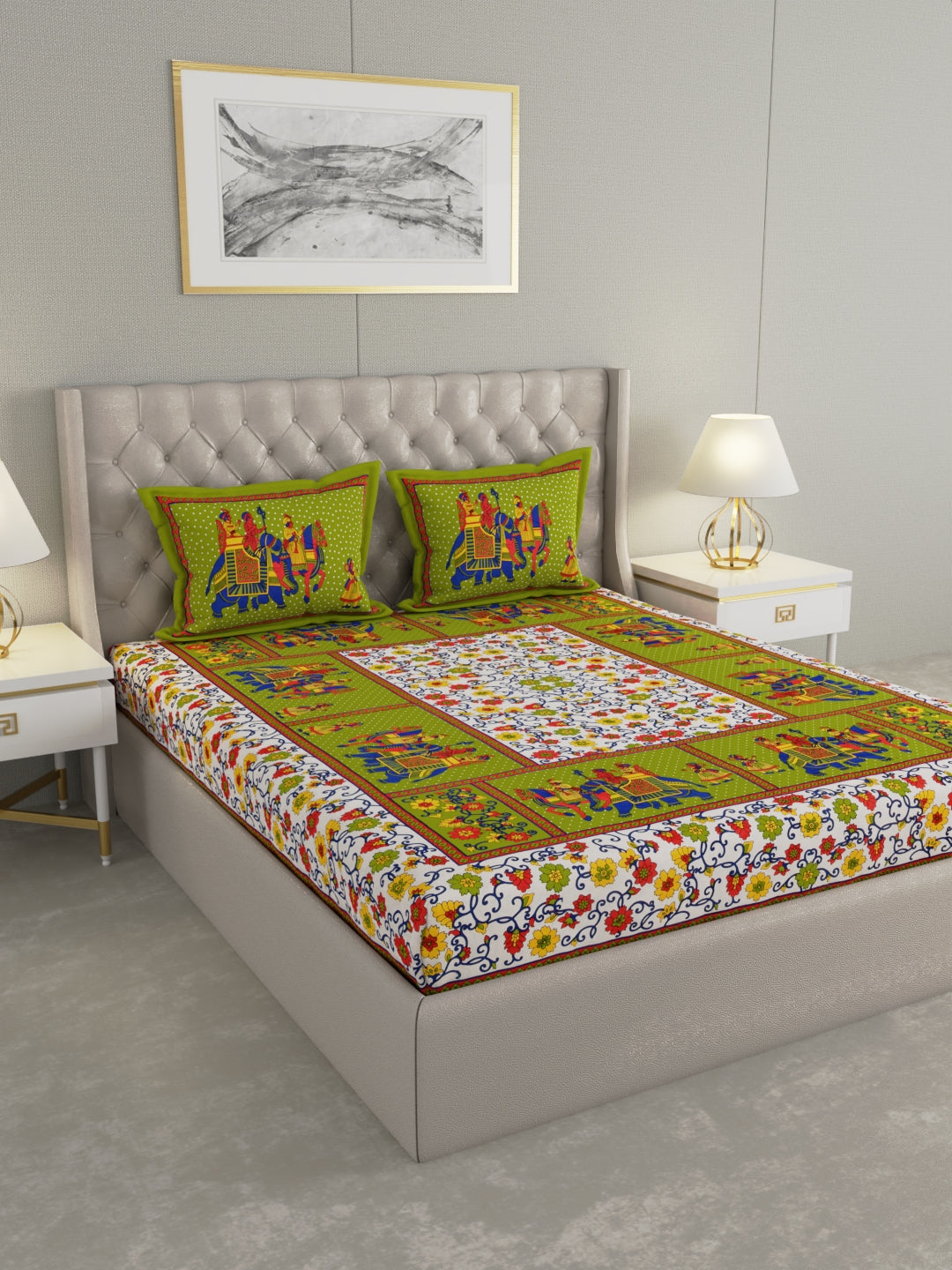 Pure Organic Cotton Bedsheet Hand Block Printed King Size with Pillow Covers 240 TC 90X108 inches