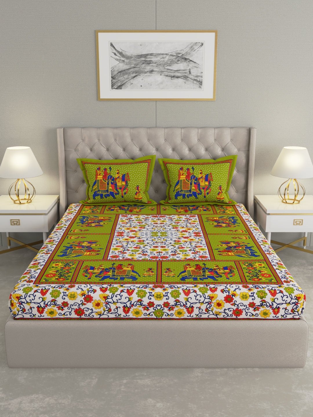 Pure Organic Cotton Bedsheet Hand Block Printed King Size with Pillow Covers 240 TC 90X108 inches