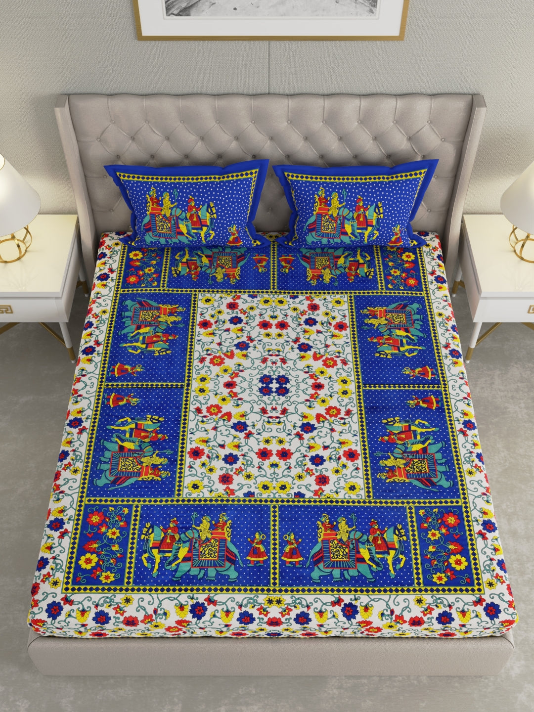 Pure Organic Cotton Bedsheet Hand Block Printed King Size with Pillow Covers 240 TC 90X108 inches
