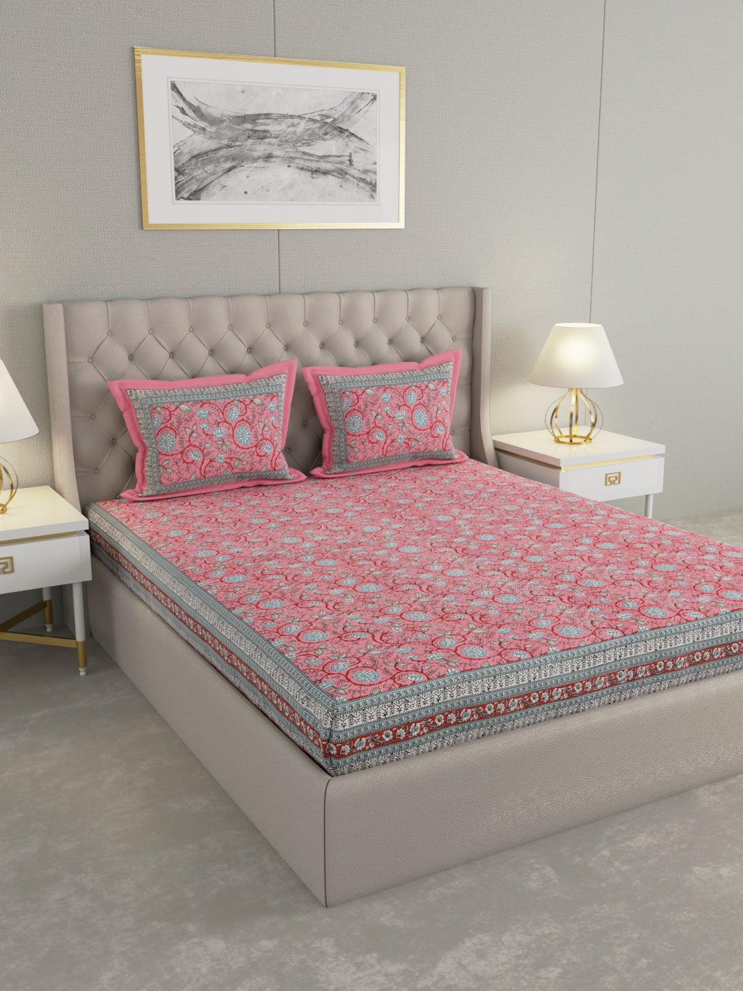 Pure Organic Cotton Bedsheet Hand Block Printed King Size with Pillow Covers 240 TC 90X108 inches