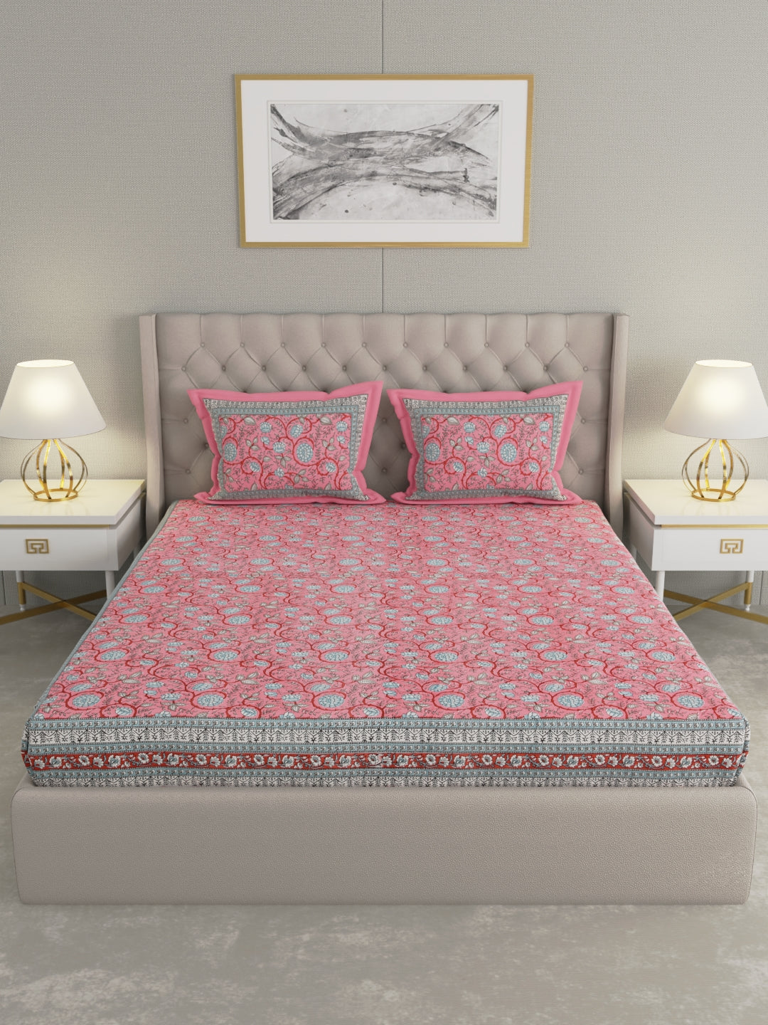 Pure Organic Cotton Bedsheet Hand Block Printed King Size with Pillow Covers 240 TC 90X108 inches