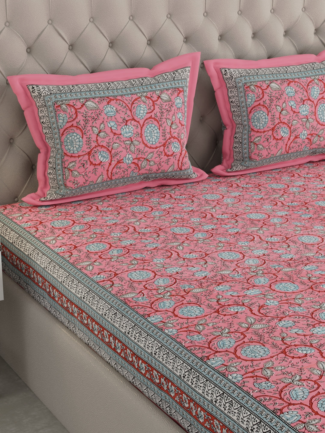 Pure Organic Cotton Bedsheet Hand Block Printed King Size with Pillow Covers 240 TC 90X108 inches