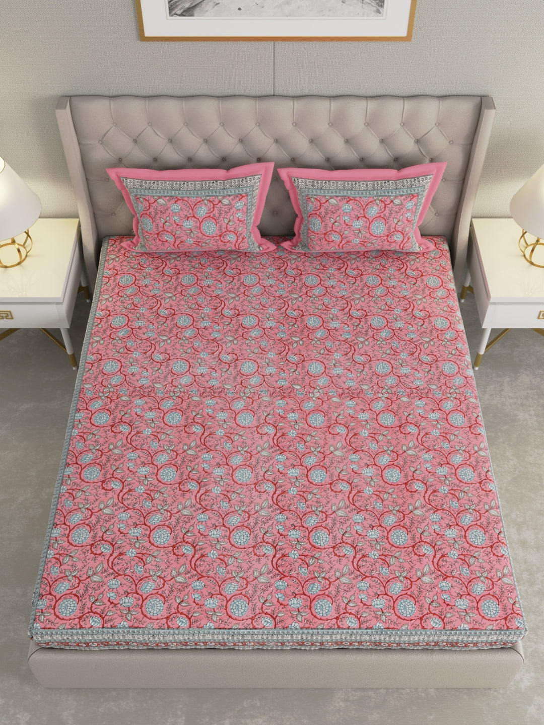 Pure Organic Cotton Bedsheet Hand Block Printed King Size with Pillow Covers 240 TC 90X108 inches